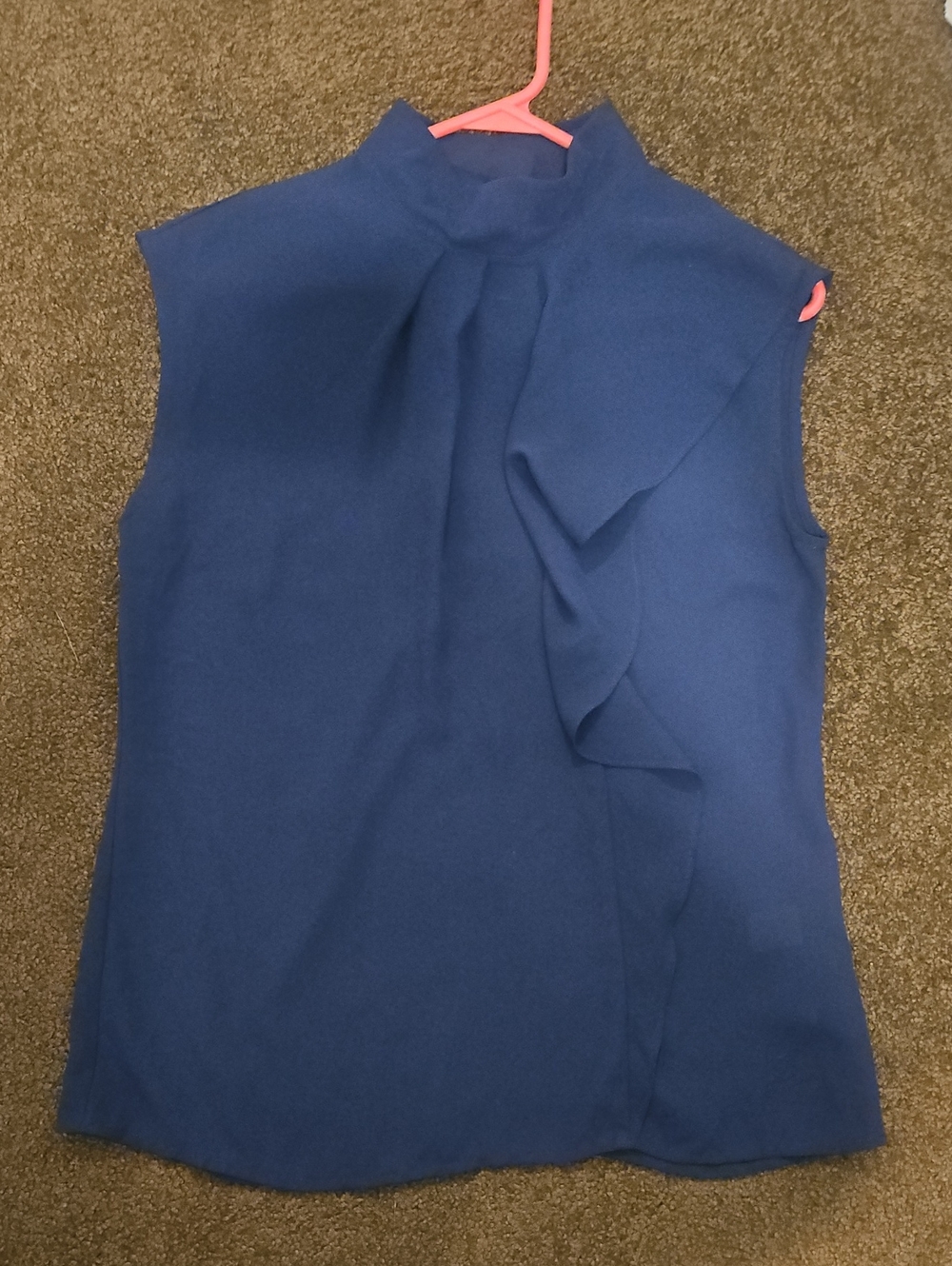 New York & Company Navy Sleeveless Mock Neck Ruffle Shell